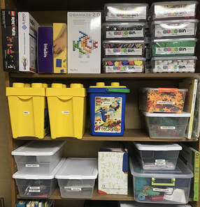 Shelves of Maker Space Kits and Materials