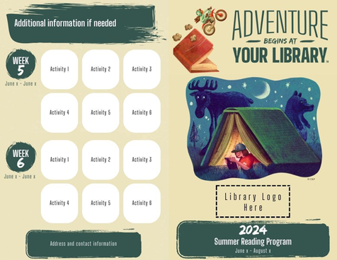 sample activity sheet showing camping imagery and spots to input activities and library logo.