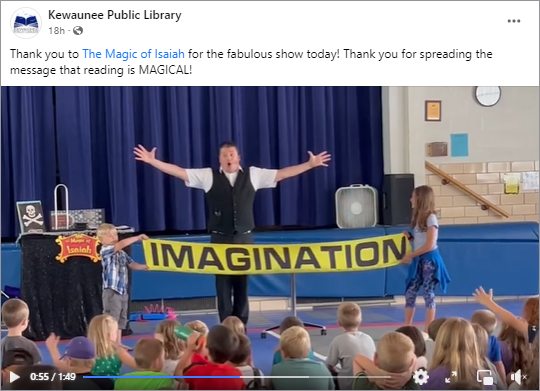 link to Facebook video of highlights from the magic show in Kewaunee, WI