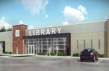 rendering of the outside of the brick library building and parking lot