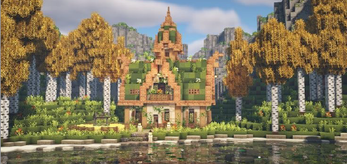 Minecraft-created fairytale home with trees, mountains, and a pond